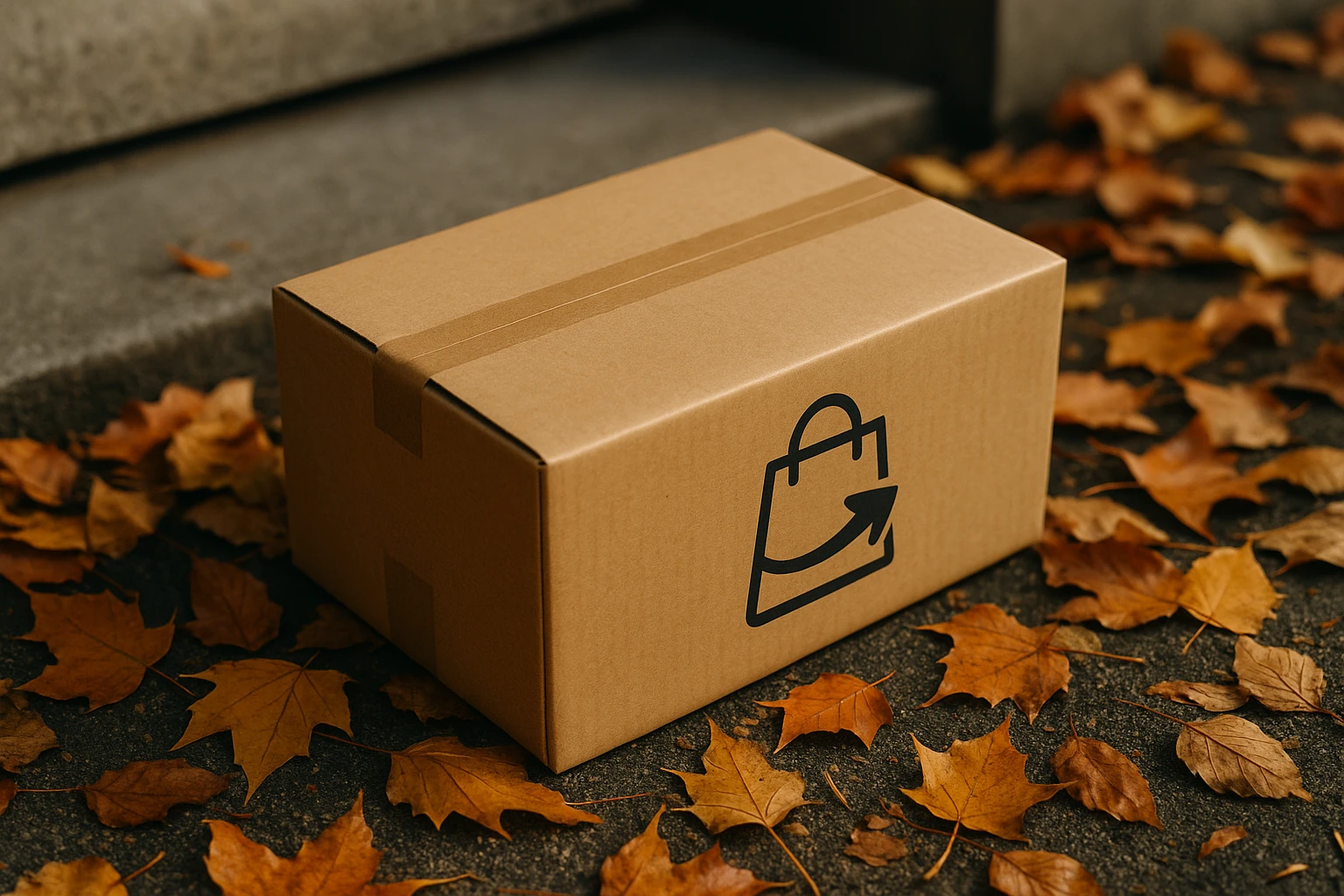 A close-up of a delivery parcel with a fashionable logo, resting on a doorstep surrounded by autumn leaves, embodying the theme of efficient delivery and customer satisfaction.