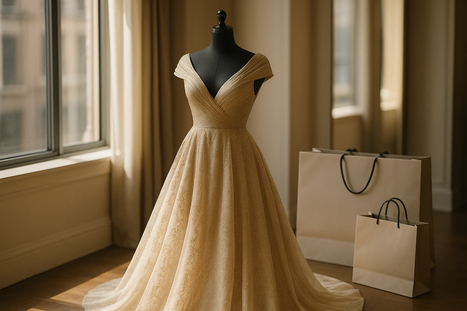 A luxurious gown elegantly draped over a mannequin in a sunlit boutique, with branded shopping bags from FOSTANI and dressmeupny neatly arranged beside it, showcasing high-end fashion choices.