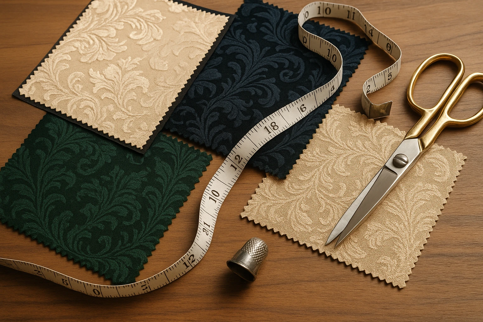 A close-up of luxurious fabric swatches from FOSTANI and dressmeupny, laid out on a wooden table with a tape measure and sewing tools, symbolizing quality and attention to detail in manufacturing.