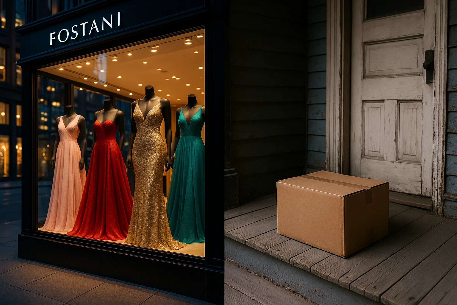A vibrant boutique storefront displays elegant FOSTANI gowns, including the shimmering Jovani 48050, under bright city lights, while a contrasting scene shows a shadowed, nondescript cardboard box labeled dressmeupny sitting on a weathered porch.