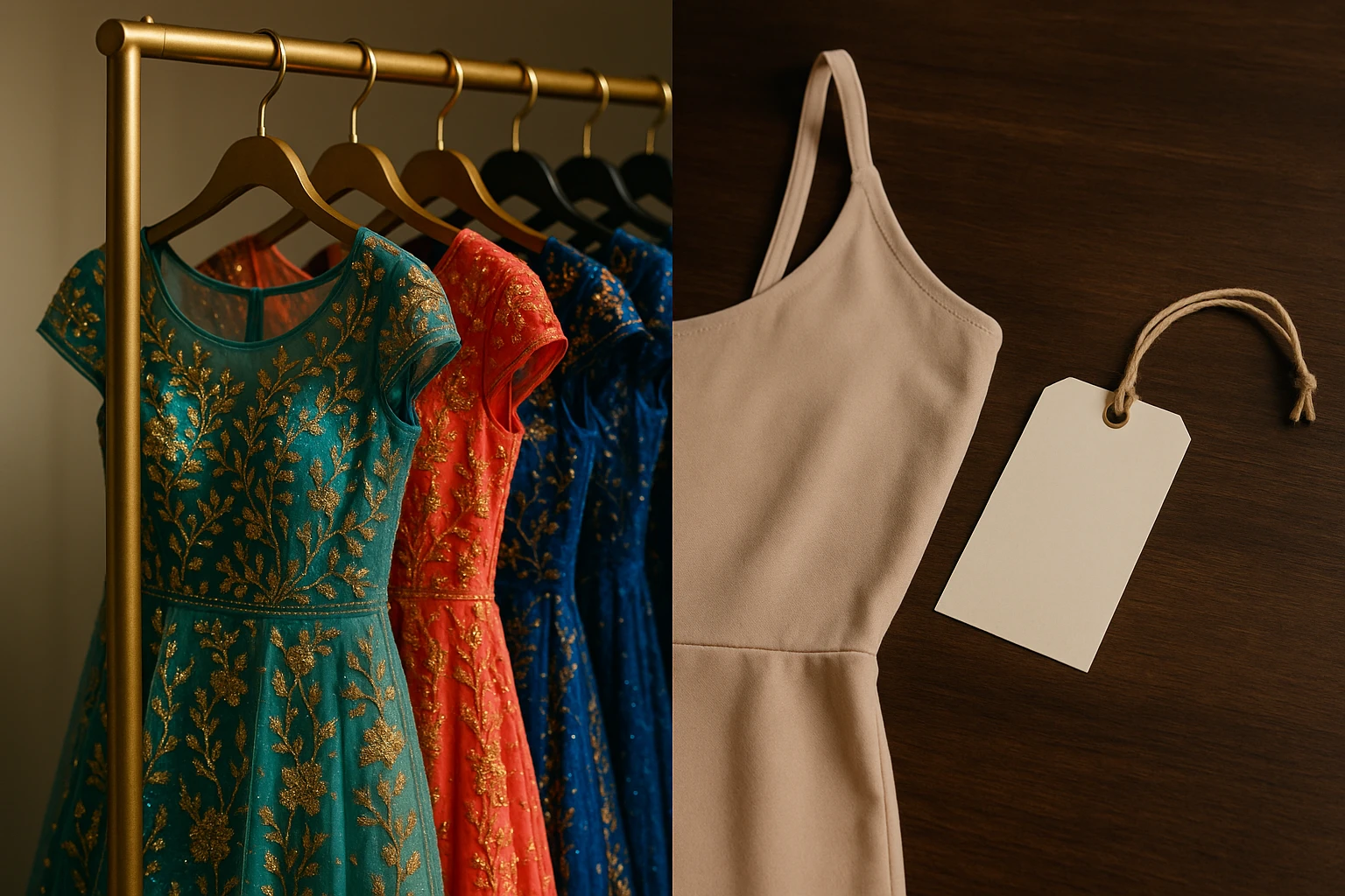 A close-up of elegant FOSTANI dresses hanging on a stylish rack in a trendy boutique, featuring intricate embroidery and vibrant colors, contrasted with a plain, generic dress label from dressmeupny lying on a wooden counter, highlighting the difference in presentation and appeal.