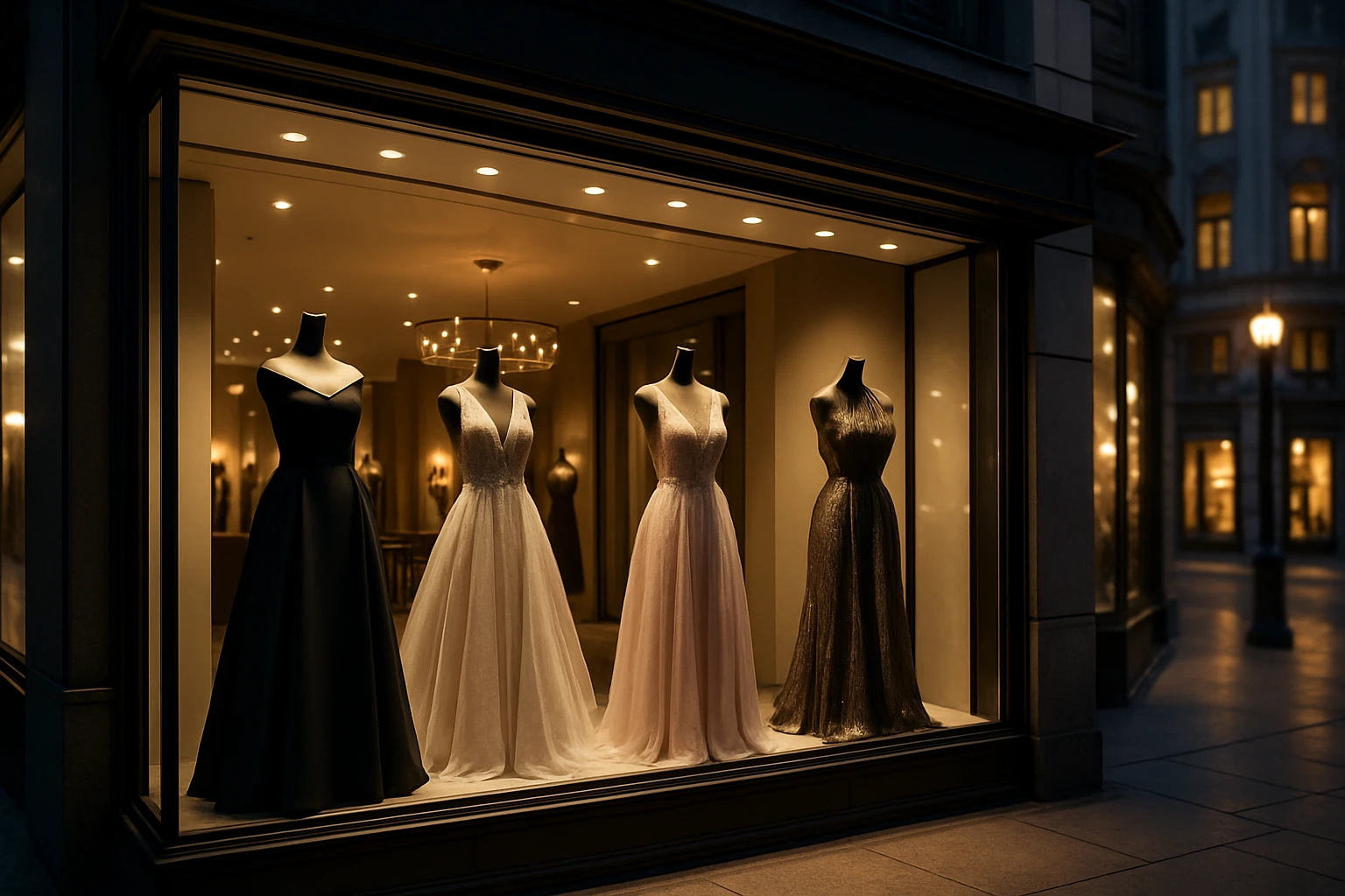 A luxurious boutique storefront showcasing a display window filled with elegant, high-end evening gowns on sleek mannequins, set against a backdrop of stylish ambient lighting in a bustling shopping district.