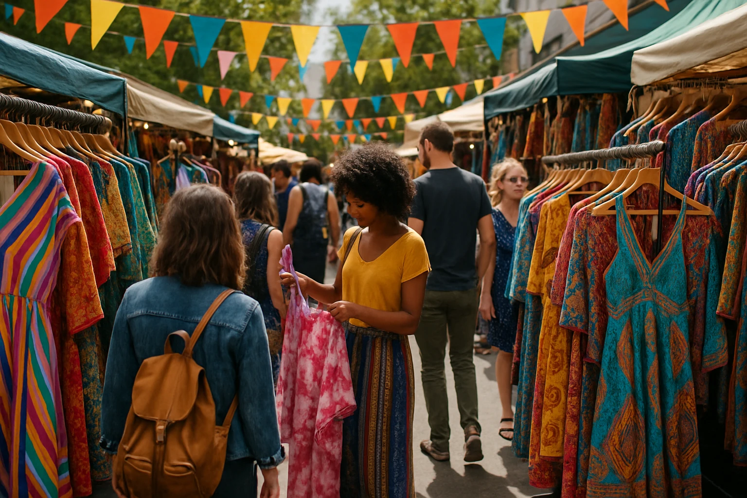 A colorful, bustling outdoor market scene featuring a variety of unique clothing stalls with vibrant fabrics and eclectic designs hanging on racks, surrounded by shoppers exploring the diverse fashion offerings under bright, festive pennants.