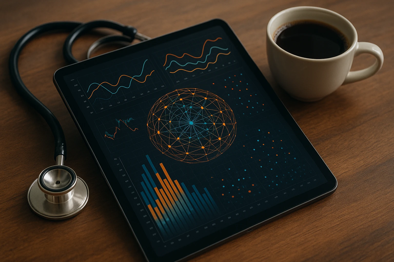A close-up of an intricate data visualization model displayed on a sleek tablet, placed on a wooden table alongside a stethoscope and a cup of coffee, symbolizing the intersection of healthcare analytics and the Fostani Analysis.