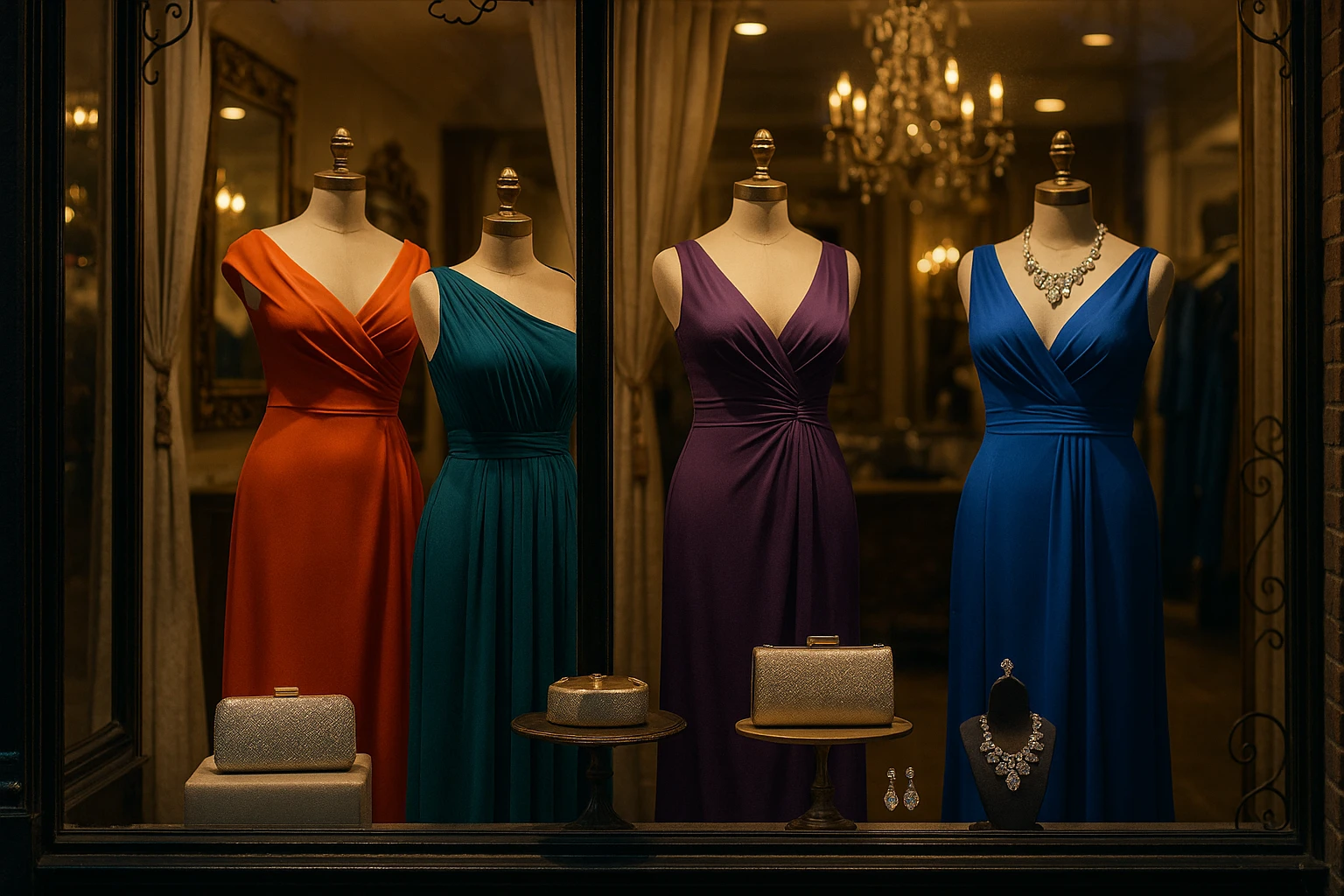 A luxurious display window of Effie’s Boutique in Brooklyn, NY, showcasing an elegant array of evening gowns in vibrant colors, set against ornate mannequins; delicate accessories like sparkling clutches and statement jewelry are artfully arranged, inviting passersby to step inside.