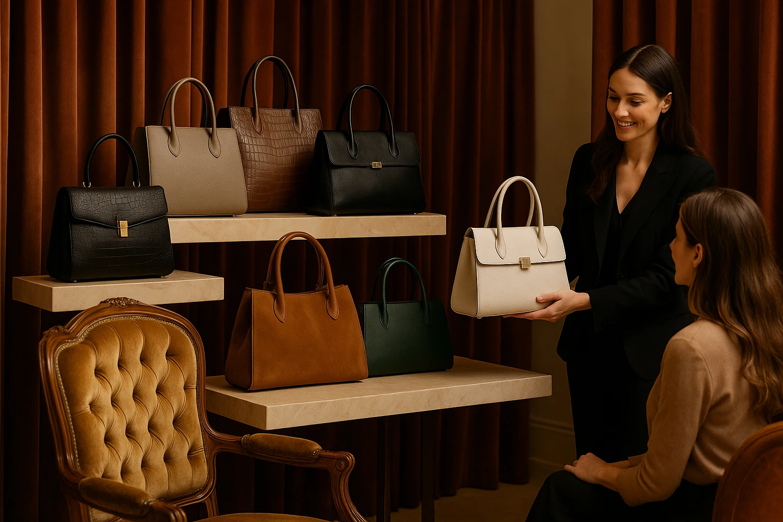 Inside Effie’s Boutique, a beautifully arranged display of designer handbags in various textures and colors is set against a backdrop of rich velvet drapes; a plush vintage armchair invites customers to sit while staff gracefully assist with style consultations.