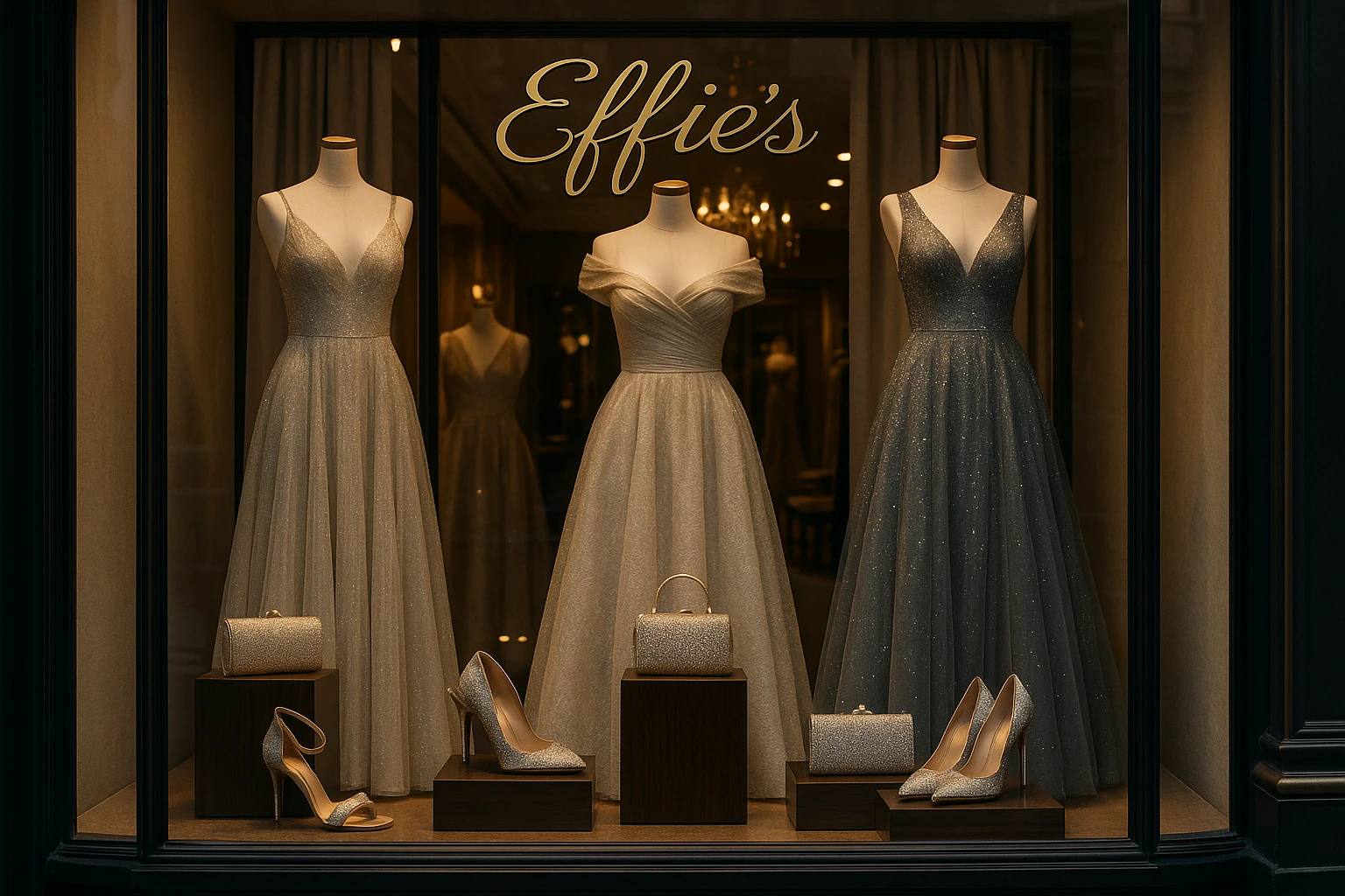 A luxurious storefront window of Effie's Boutique in Brooklyn, featuring an elegant display of designer gowns on mannequins, surrounded by glimmering accessories and a stylish sign with the boutique's name.