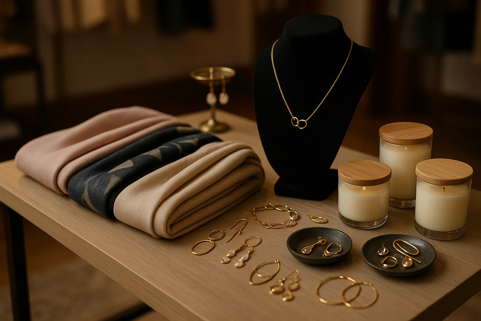 A close-up of a stylish display table inside Effie's Boutique featuring neatly arranged elegant scarves, artisan jewelry, and scented candles, all under soft, ambient lighting that highlights the textures and colors of the products.