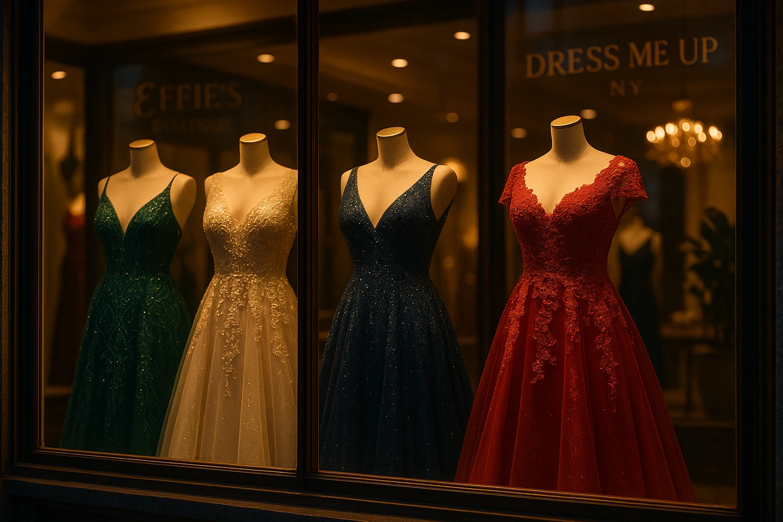 A vibrant storefront window display showcasing elegant evening gowns and formal dresses, each adorned with intricate beadwork and lace, under soft, golden ambient lighting; the logos of Effie’s Boutique and Dress Me Up NY are subtly positioned in the background.