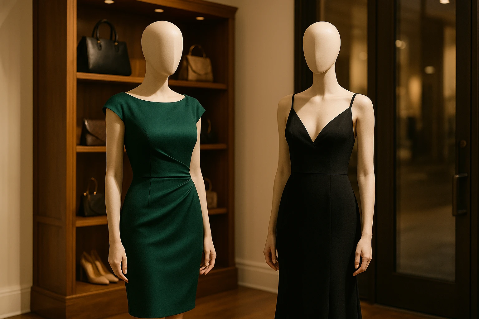 Two elegantly arranged mannequins in a chic boutique setting, one dressed in a sophisticated emerald green cocktail dress and the other in a classic black evening gown, amidst a backdrop of polished wooden shelves displaying assorted stylish accessories and the faint logos of Effie’s Boutique and Dress Me Up NY on a glass door.