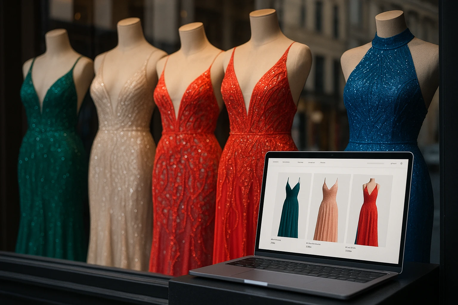 A beautifully arranged boutique window display featuring elegant gowns with intricate beading and vibrant colors, juxtaposed with a computer screen displaying the sleek, minimalist homepage of an online store offering similar stylish dresses at competitive prices.