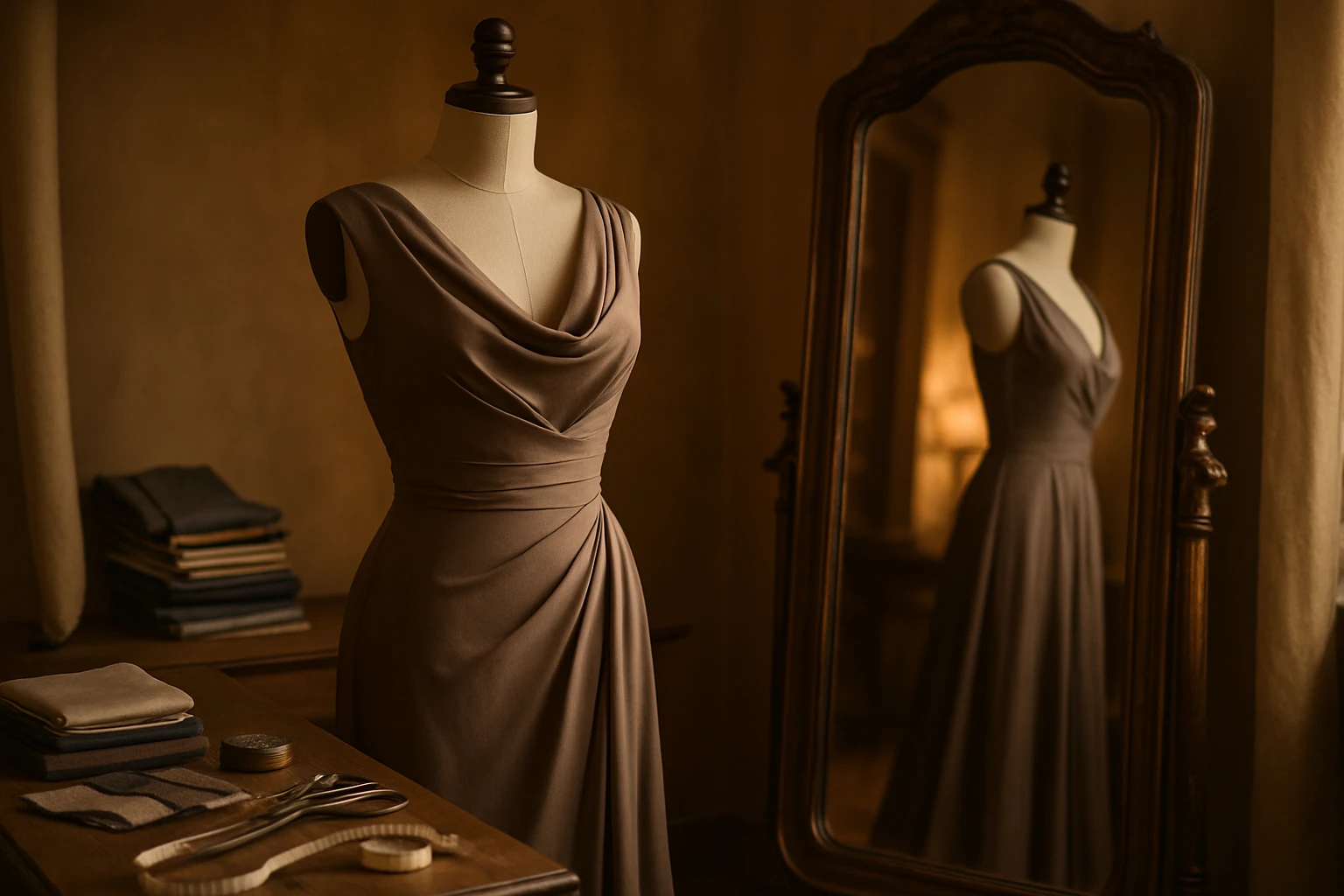 A cozy boutique interior featuring a tailor's mannequin dressed in a chic, elegant gown, surrounded by fabric swatches and sewing tools, with a vintage full-length mirror reflecting the warm, intimate atmosphere.