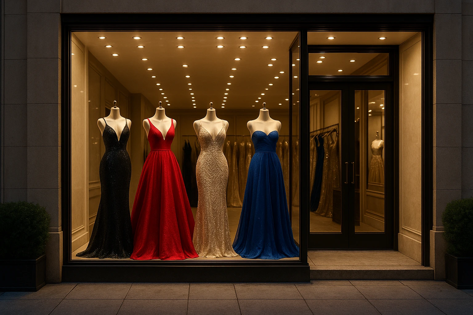 A glamorous storefront showcasing exquisite evening gowns from brands like Jovani and Alyce Paris, displayed on elegant mannequins under dazzling lights, with a refined sidewalk framing the boutique's entrance.