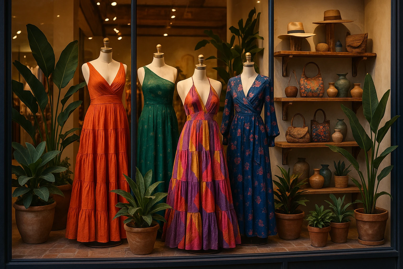 A vibrant and eclectic storefront display featuring Anthropologie's unique, artsy eveningwear collection, with mannequins dressed in colorful, bohemian-style gowns surrounded by lush potted plants and rustic wooden shelves adorned with artisanal accessories.