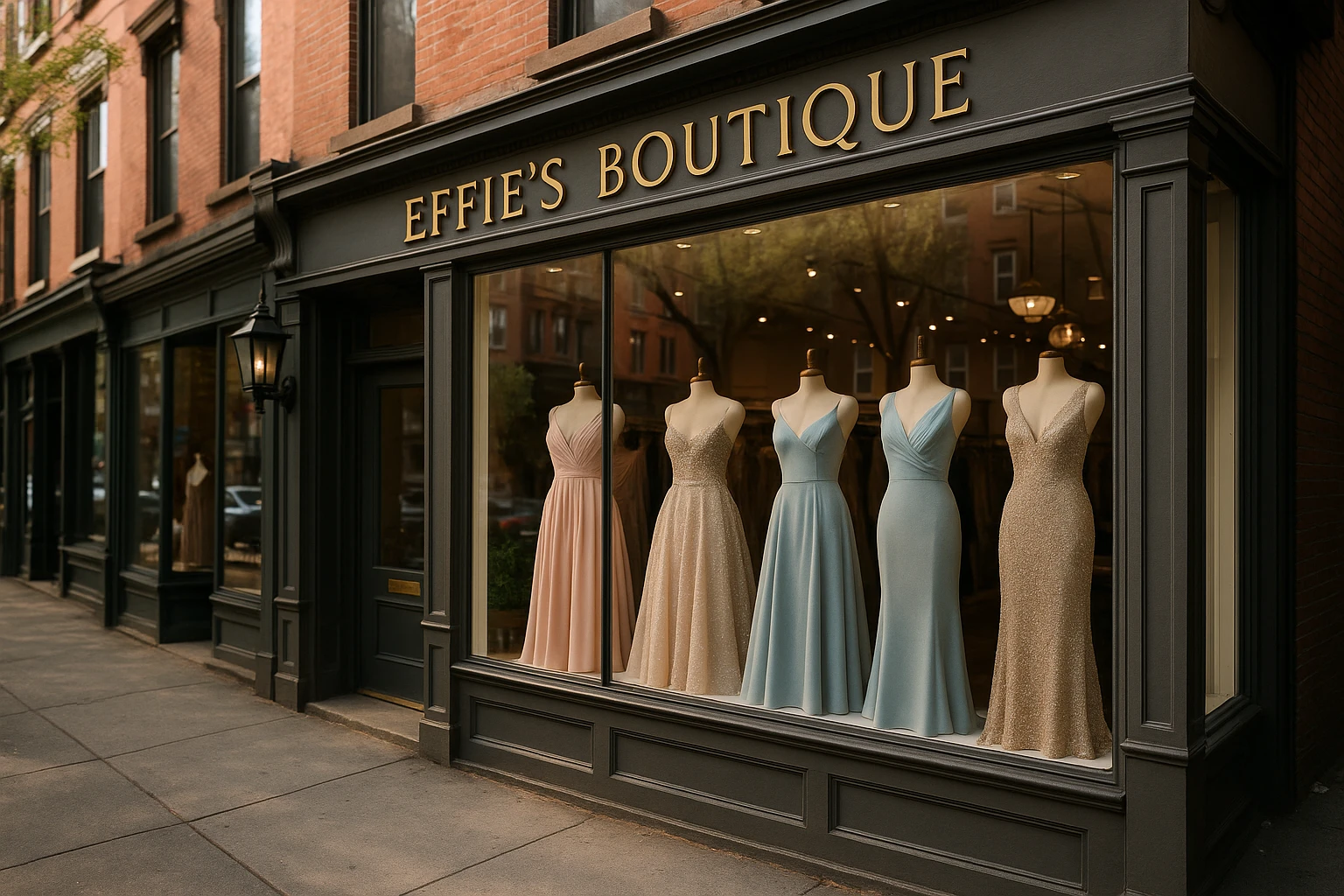 A stylish storefront of Effie’s Boutique in a bustling Brooklyn neighborhood, with elegant gowns displayed in the window, highlighting the boutique's charm and curated formal wear selection.