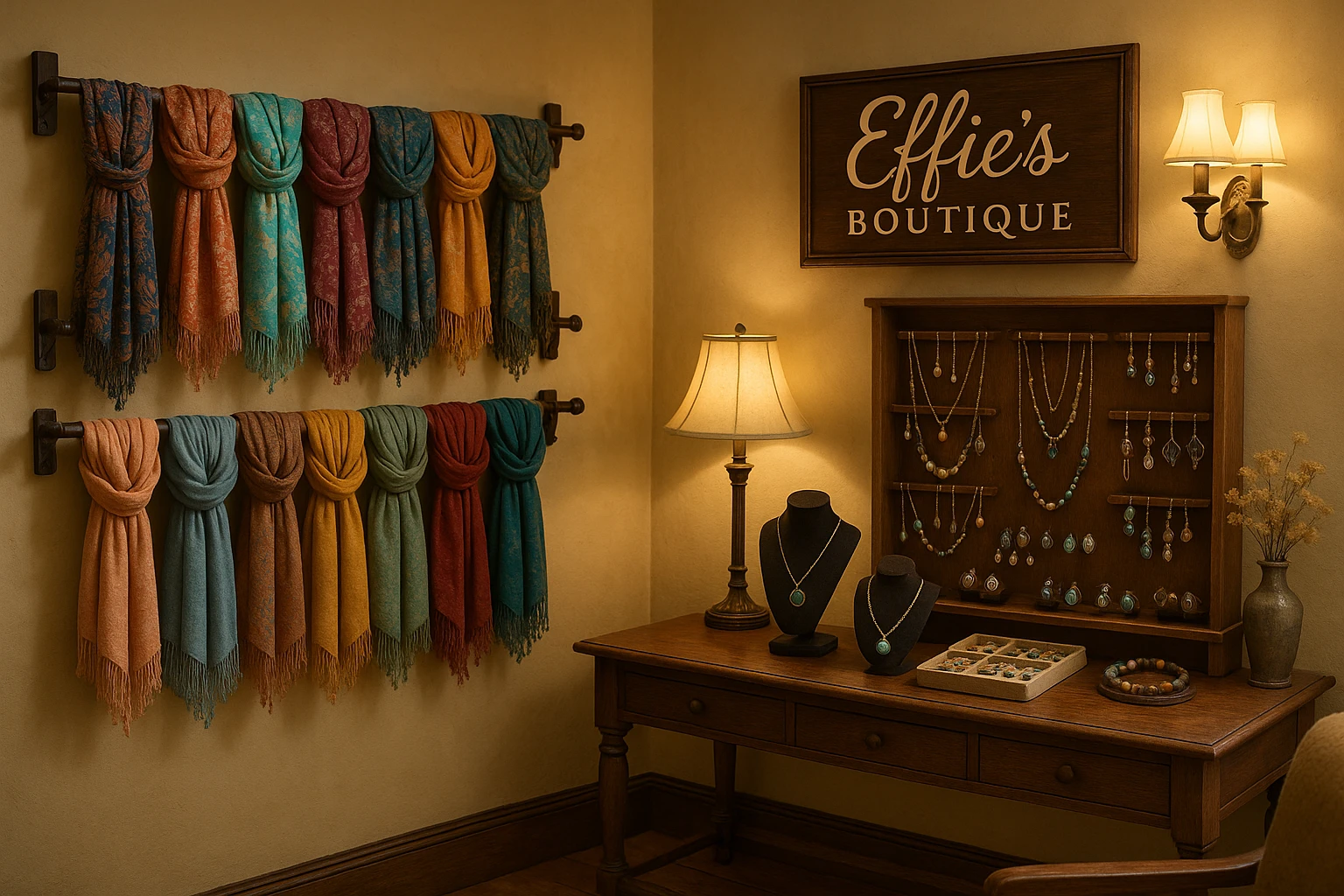A cozy interior of Effie’s Boutique with elegantly organized displays of colorful scarves and handcrafted jewelry, set against a backdrop of warm lighting and soft vintage decor, capturing the boutique’s inviting and personalized atmosphere.
