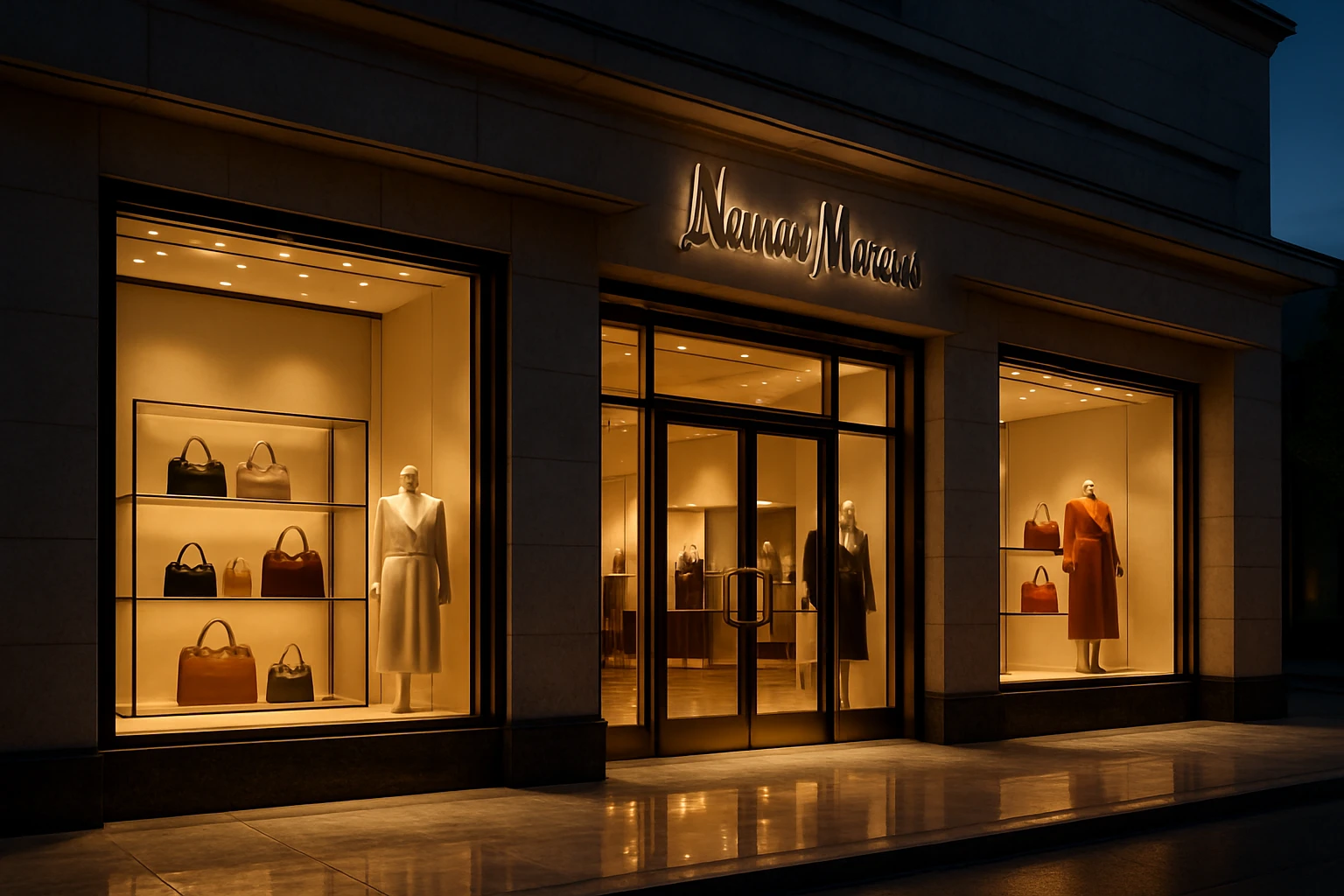 A luxurious Neiman Marcus storefront at dusk, with elegant window displays showcasing designer handbags and apparel, illuminated by soft golden lighting reflecting off polished marble floors, inviting passersby.