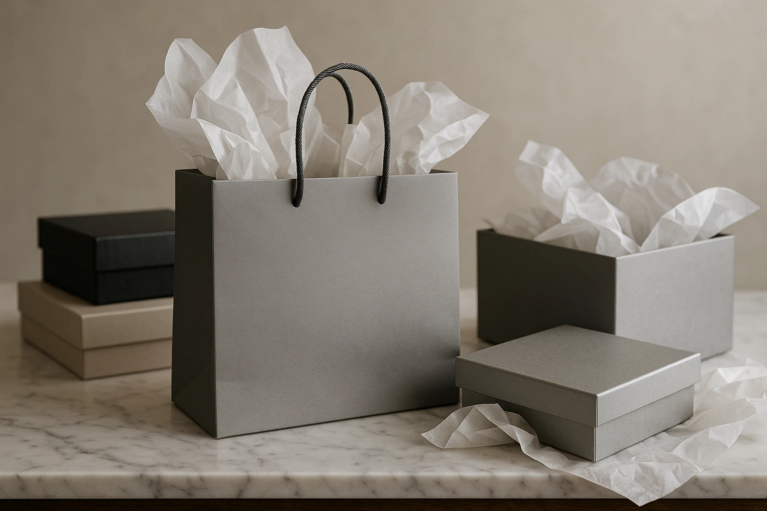 A sleek Neiman Marcus shopping bag sitting elegantly on a marble countertop, surrounded by luxury branded boxes and tissue paper, highlighting a high-end shopping experience.