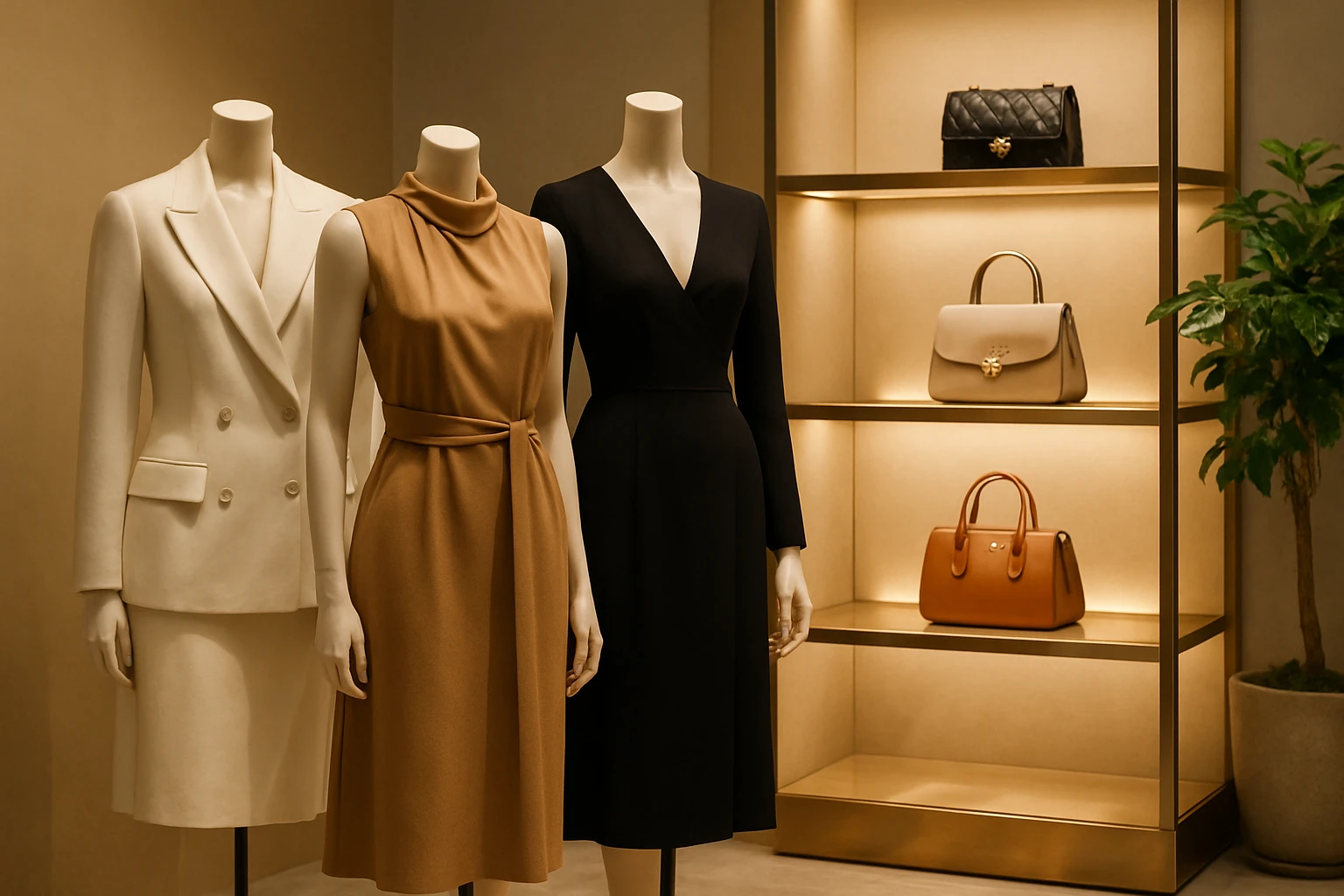 A luxurious boutique setting with elegantly arranged high-end fashion pieces displayed on mannequins, soft lighting highlighting designer handbags on polished shelves, and a touch of greenery adding sophistication.