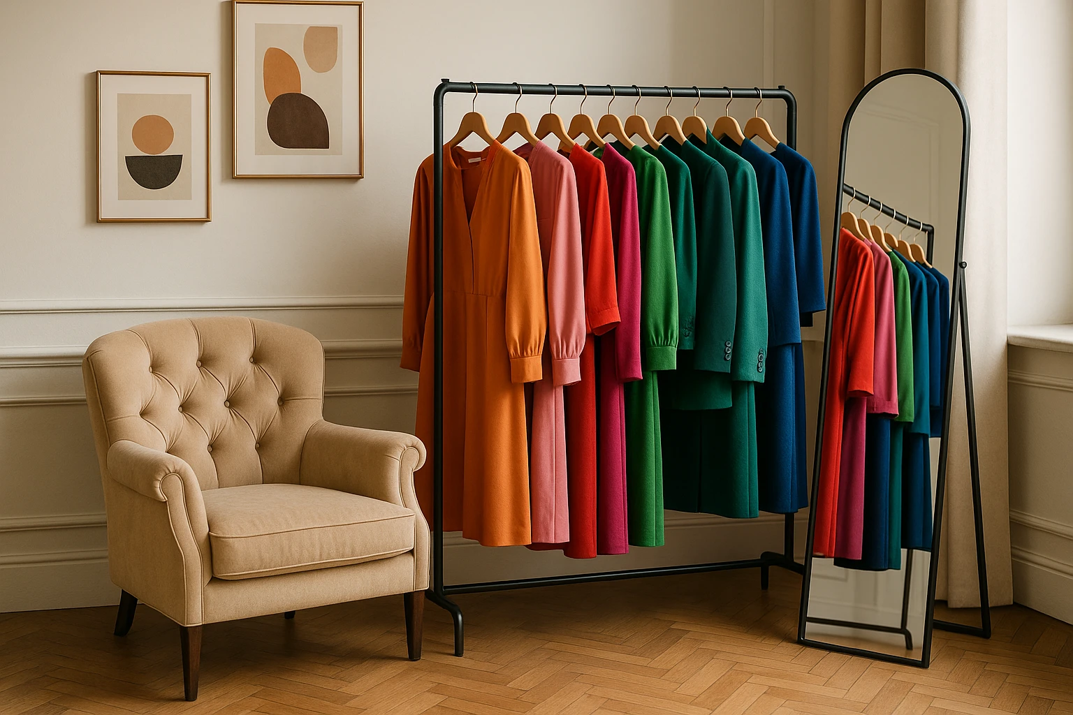 A neatly organized dressing room featuring a luxurious armchair beside a full-length mirror, with a rack of vibrant, designer clothing curated by a personal stylist, set against a backdrop of tasteful, artistic wall decor.