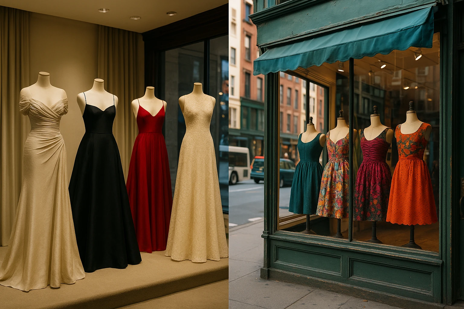 A luxurious display inside Neiman Marcus featuring elegantly arranged designer gowns under soft lighting contrasted with a quaint DressMeUpNY storefront, showcasing a colorful array of unique, handcrafted dresses on vintage mannequins set against a vibrant city street.