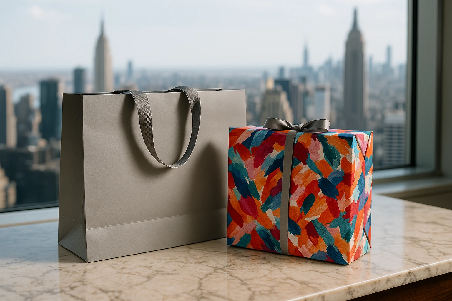 A close-up of an elegant Neiman Marcus shopping bag resting on a marble countertop, next to a beautifully crafted DressMeUpNY package wrapped in artistic, colorful paper, with a skyline view of New York City visible through a large window in the background.