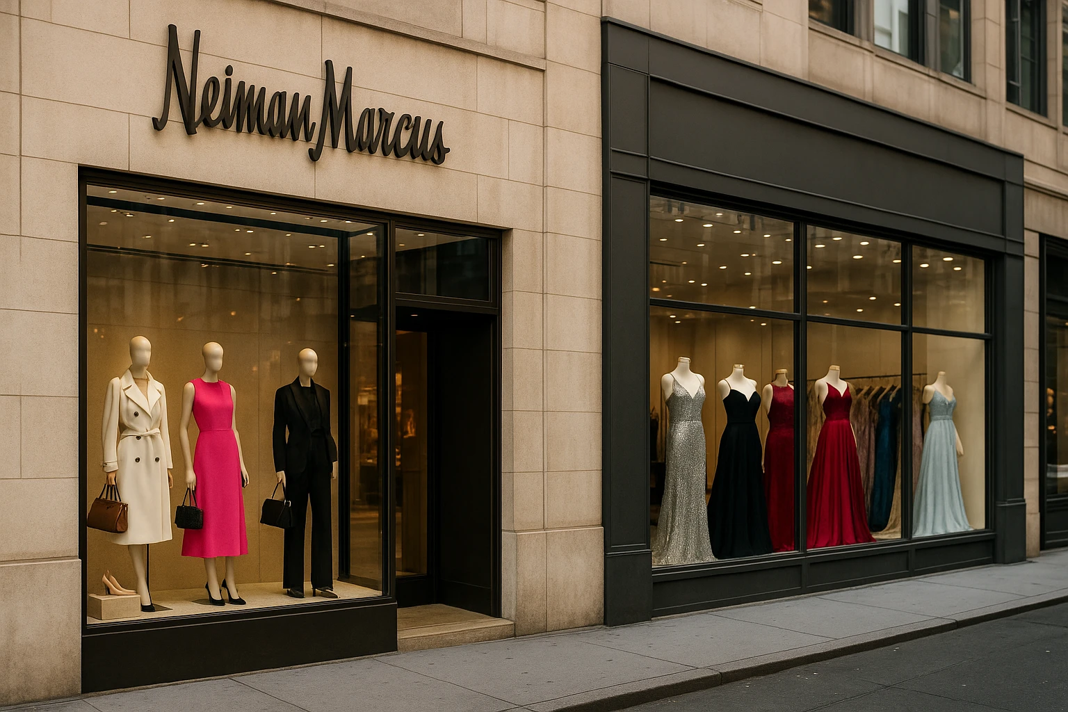 A luxurious Neiman Marcus storefront with elegant window displays featuring high-end fashion alongside a DressMeUpNY boutique showcasing a curated selection of formal wear dresses on stylish mannequins, set on a bustling urban street.