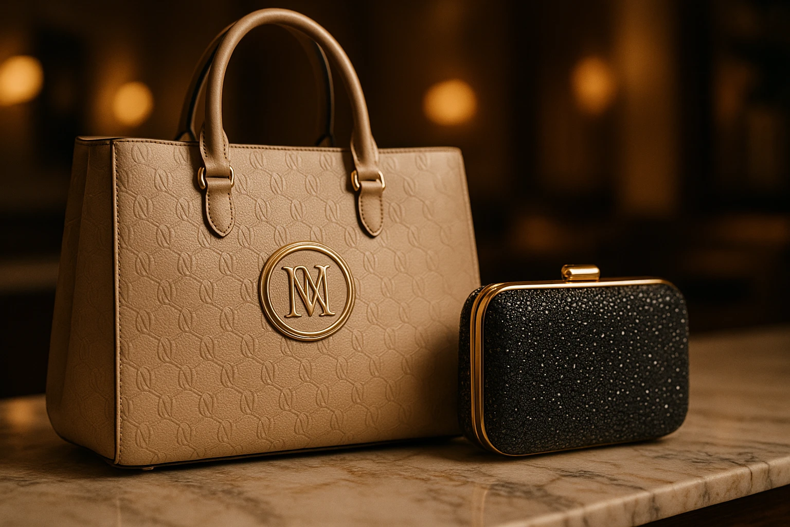 A close-up shot of a luxury handbag with the Neiman Marcus logo, resting elegantly on a marble countertop next to a chic DressMeUpNY clutch, surrounded by ambient lighting that highlights their premium materials and craftsmanship.
