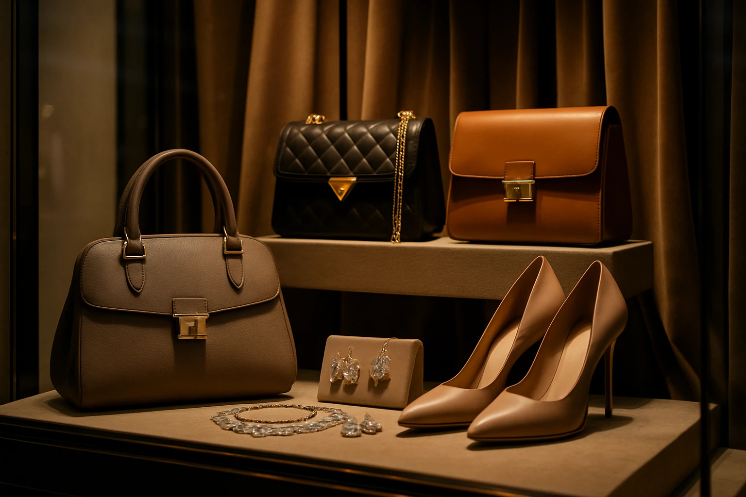 A beautifully arranged luxury boutique window display featuring high-end designer handbags, elegant shoes, and shimmering jewelry, all set against a backdrop of soft lighting and rich, velvet drapes.