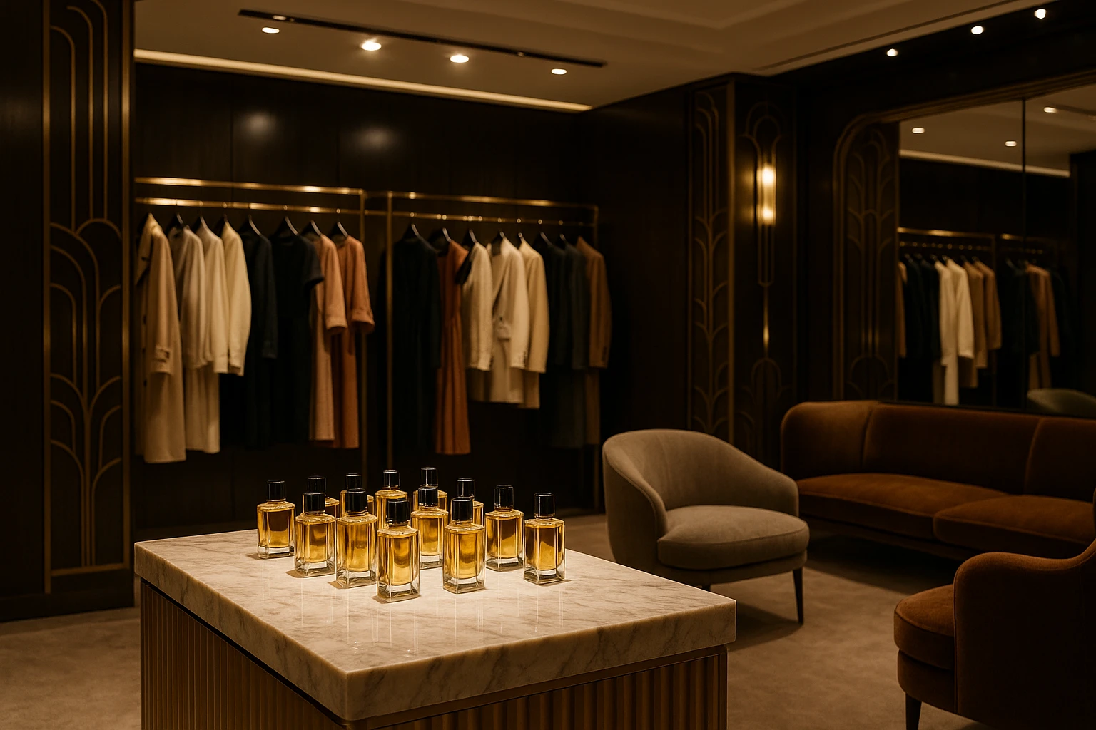 A luxurious store interior featuring elegantly arranged designer clothing racks, with vivid spotlighting highlighting a display of high-end perfume bottles on a marble countertop, surrounded by plush seating and art deco accents.