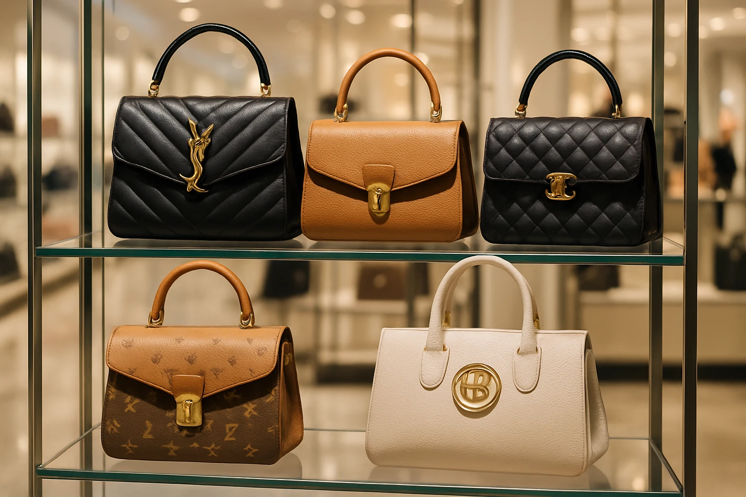 A row of luxurious designer handbags displayed elegantly on glass shelves in a brightly lit Neiman Marcus storefront, with a focus on intricate detailing and brand logos.