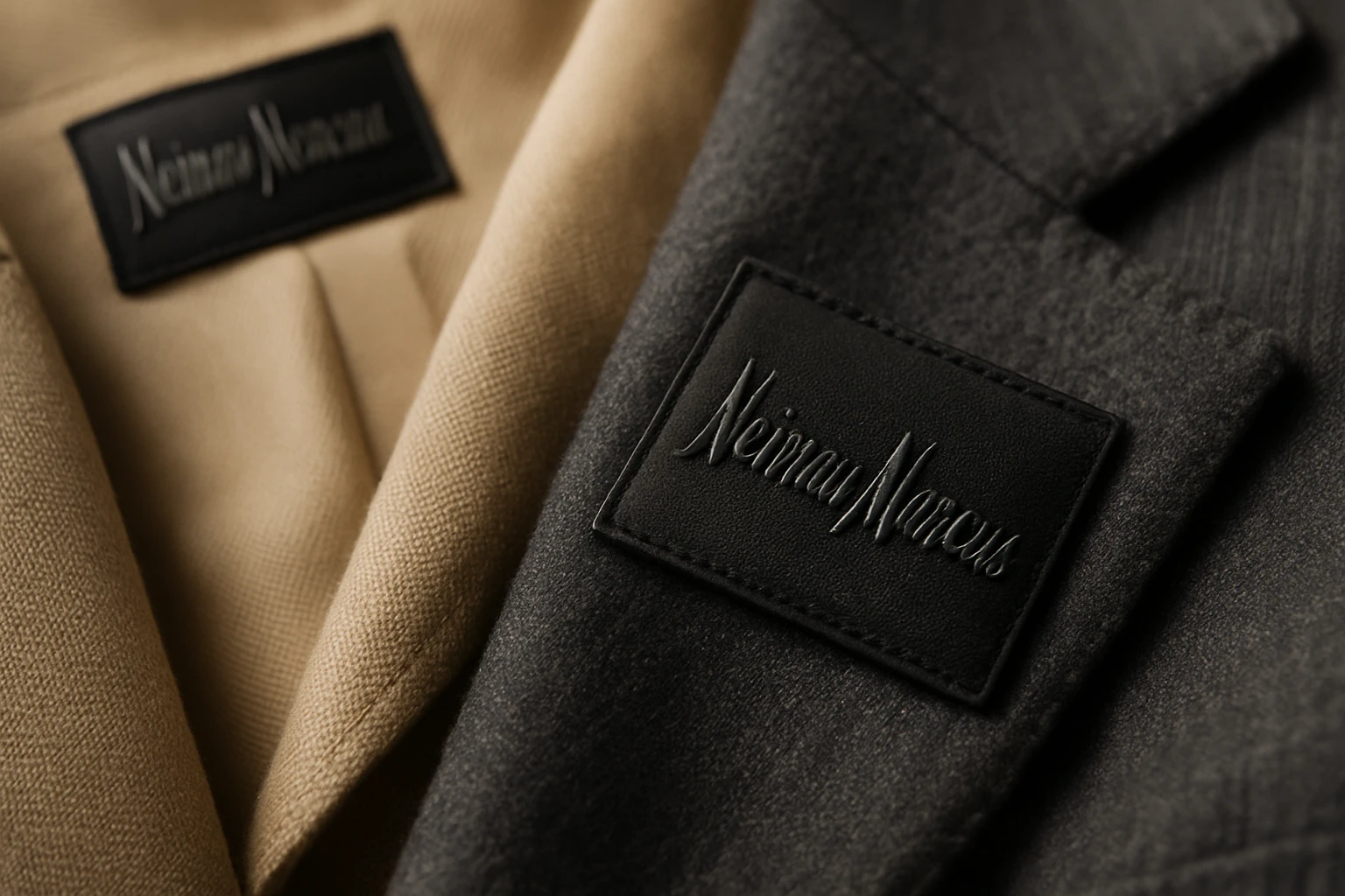 A close-up of luxury clothing tags with Neiman Marcus branding, elegantly stitched into the fabric of high-end designer garments, surrounded by soft lighting that highlights the texture and quality of the materials.