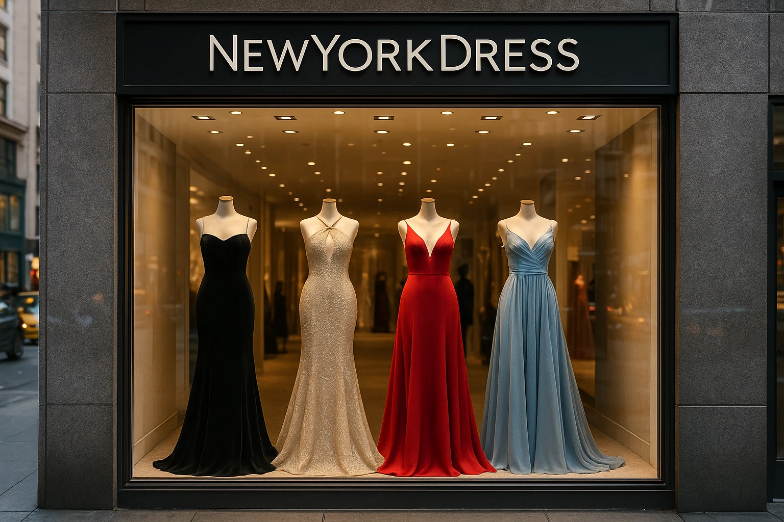 A luxurious storefront window display featuring elegant evening gowns and prom dresses, with a stylish 