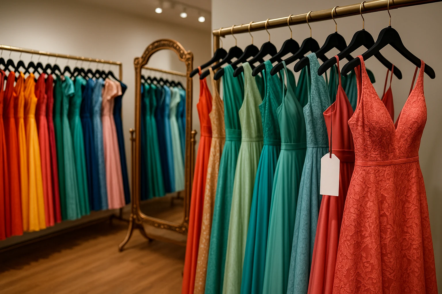 A vibrant fashion boutique interior showcasing a variety of designer dresses on sleek racks, with a vintage-style mirror reflecting the elegant dresses and a subtle 