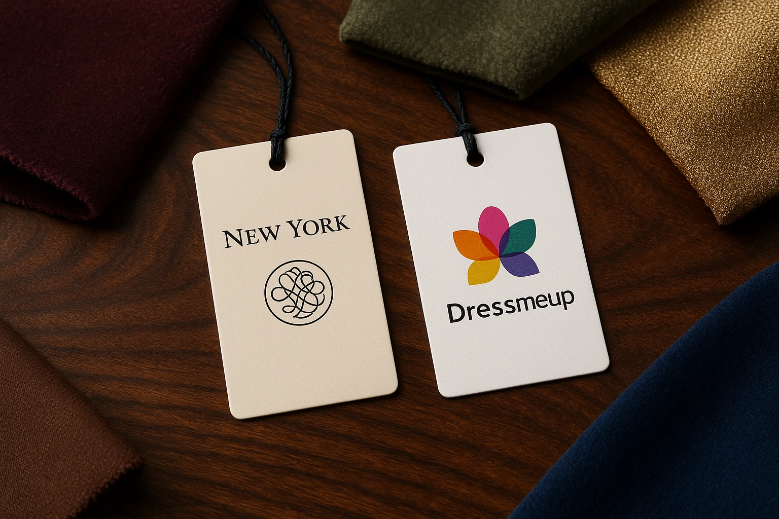 A close-up view of two distinct dress tags laid on a stylish wooden table, one from New York Dress featuring elegant branding and the other from DressmeupNY with a vibrant logo, surrounded by swatches of fabric in various luxurious textures and colors.