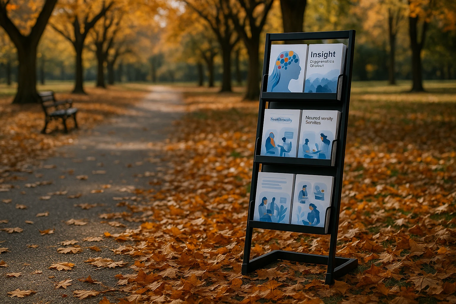 A serene park with autumn leaves scattered on the ground, featuring a brochure stand displaying Insight Diagnostics Global pamphlets next to a pathway, inviting passersby to explore their specialized neurodiversity services.