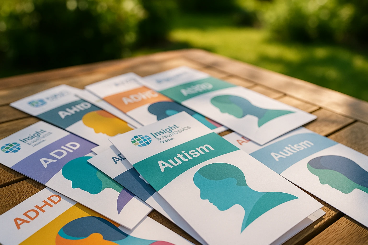 A close-up of a stack of colorful brochures and leaflets spread across a wooden table in a sunny garden, each featuring the Insight Diagnostics Global logo and highlighting their CQC-regulated online diagnostic services for ADHD and autism.