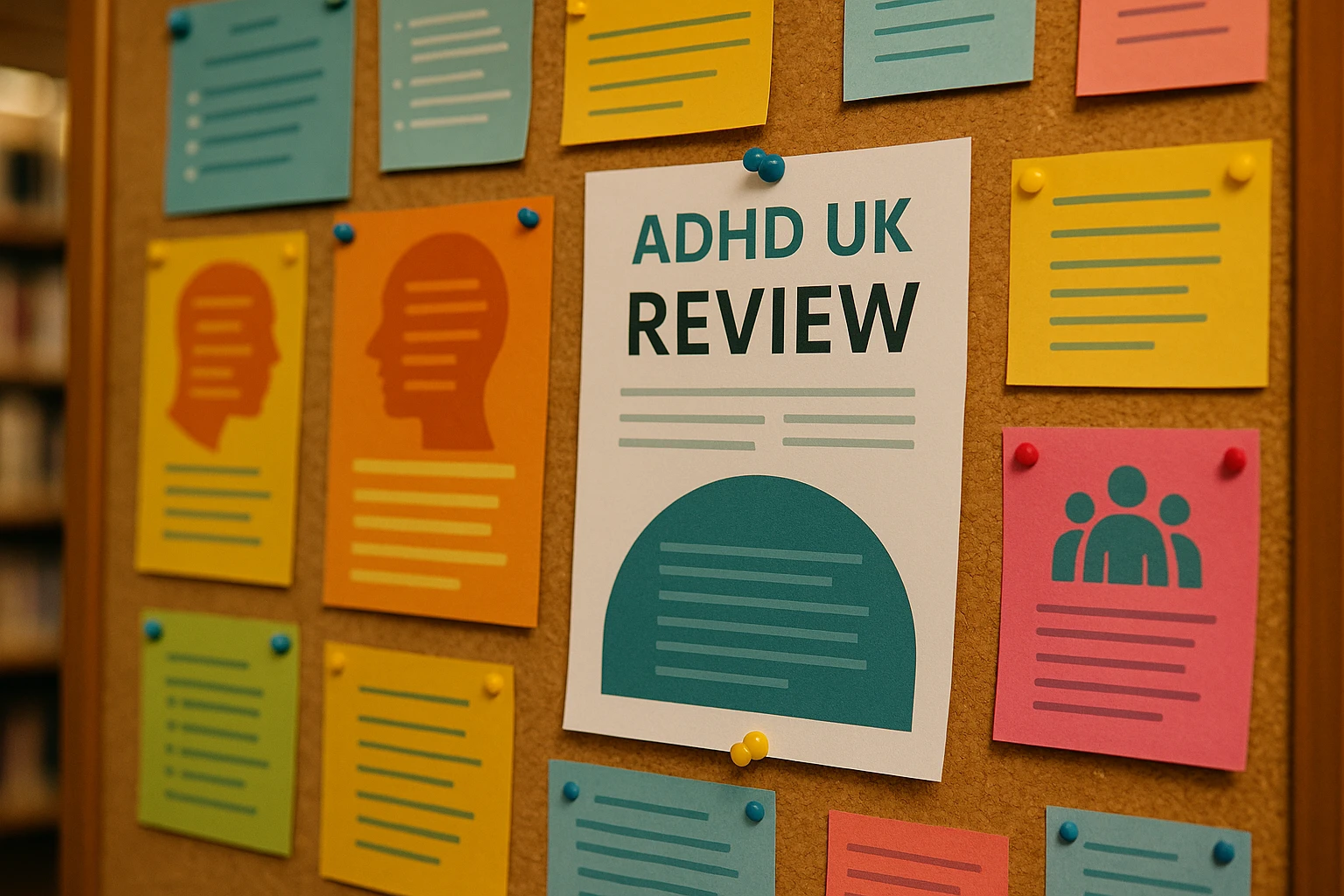 A close-up of a bulletin board in a public library filled with colorful flyers and pamphlets about ADHD support groups and services, with a focus on a prominently displayed 