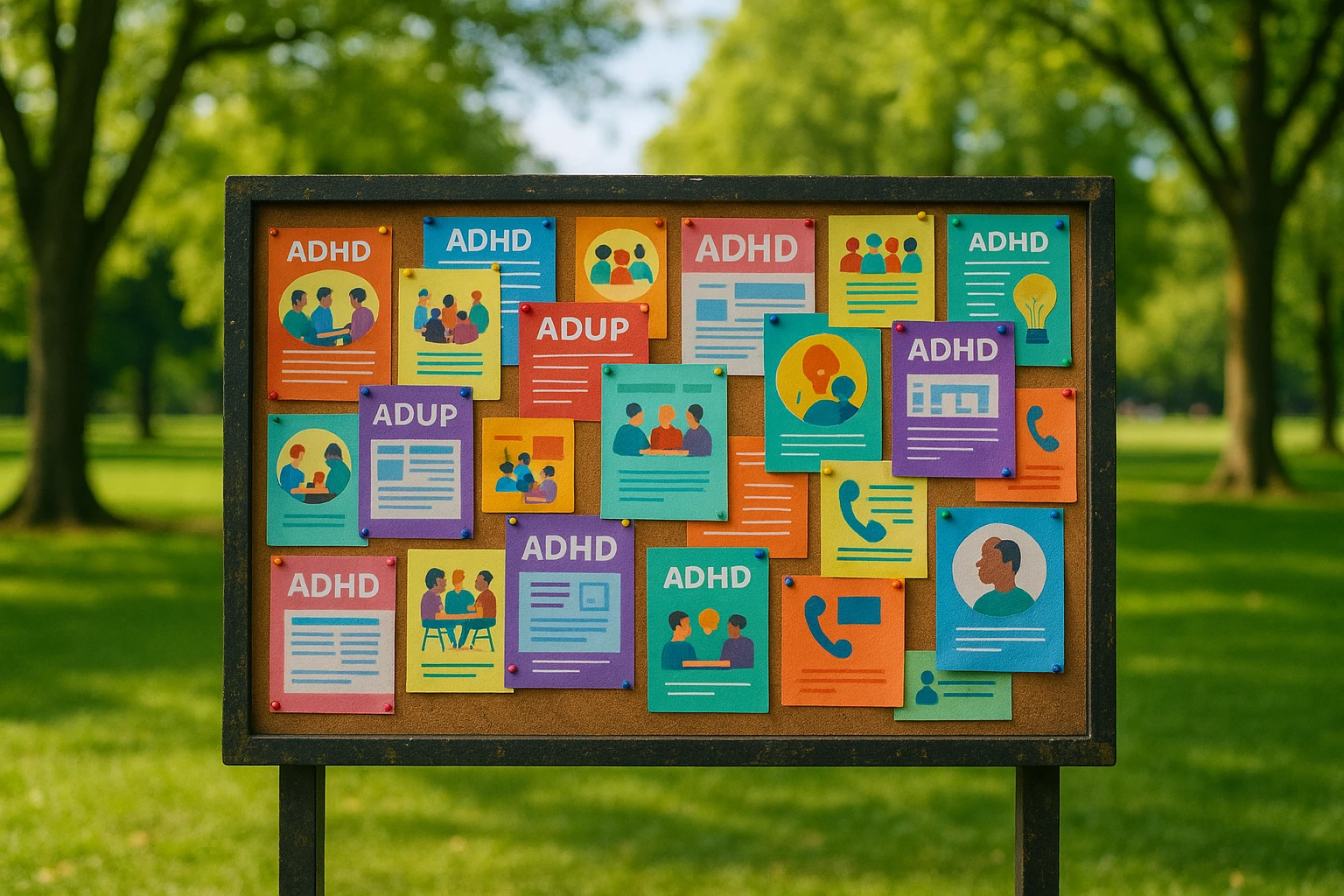 A vibrant community bulletin board outdoors in a park, filled with colorful flyers and posters about ADHD UK, showcasing various support groups, upcoming events, and contact information.