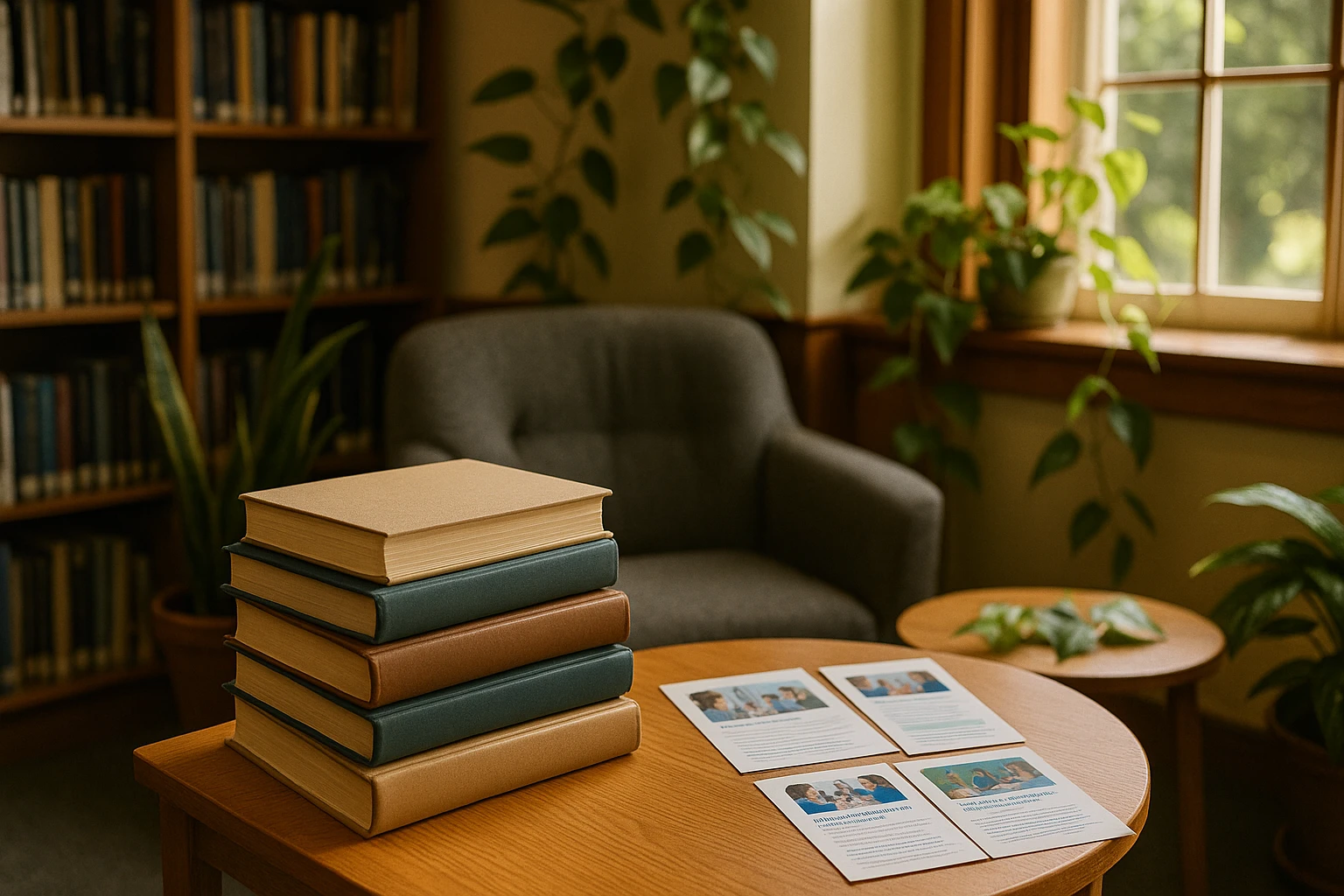 A cozy reading nook in a library with a stack of books titled 
