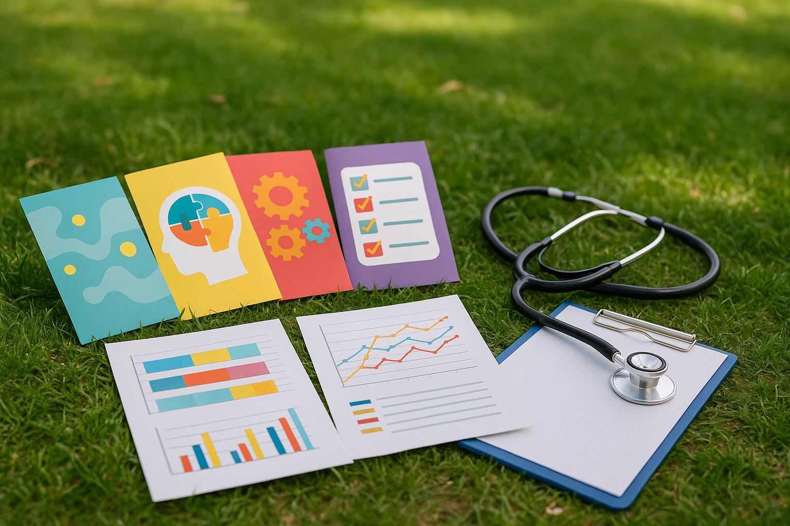 A set of vibrant brochures with ADHD assessment tools spread across a grassy park setting, with a stethoscope and clipboard resting nearby, symbolizing the public and private healthcare approaches.