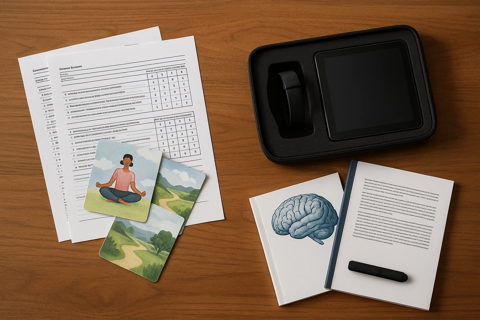 Two contrasting assessment kits for ADHD lie on a wooden table; the one from ADHD UK features questionnaires and mindfulness cards, while the kit from Insight Diagnostics Global includes sleek digital devices and detailed diagnostic manuals, illustrating their distinct approaches.