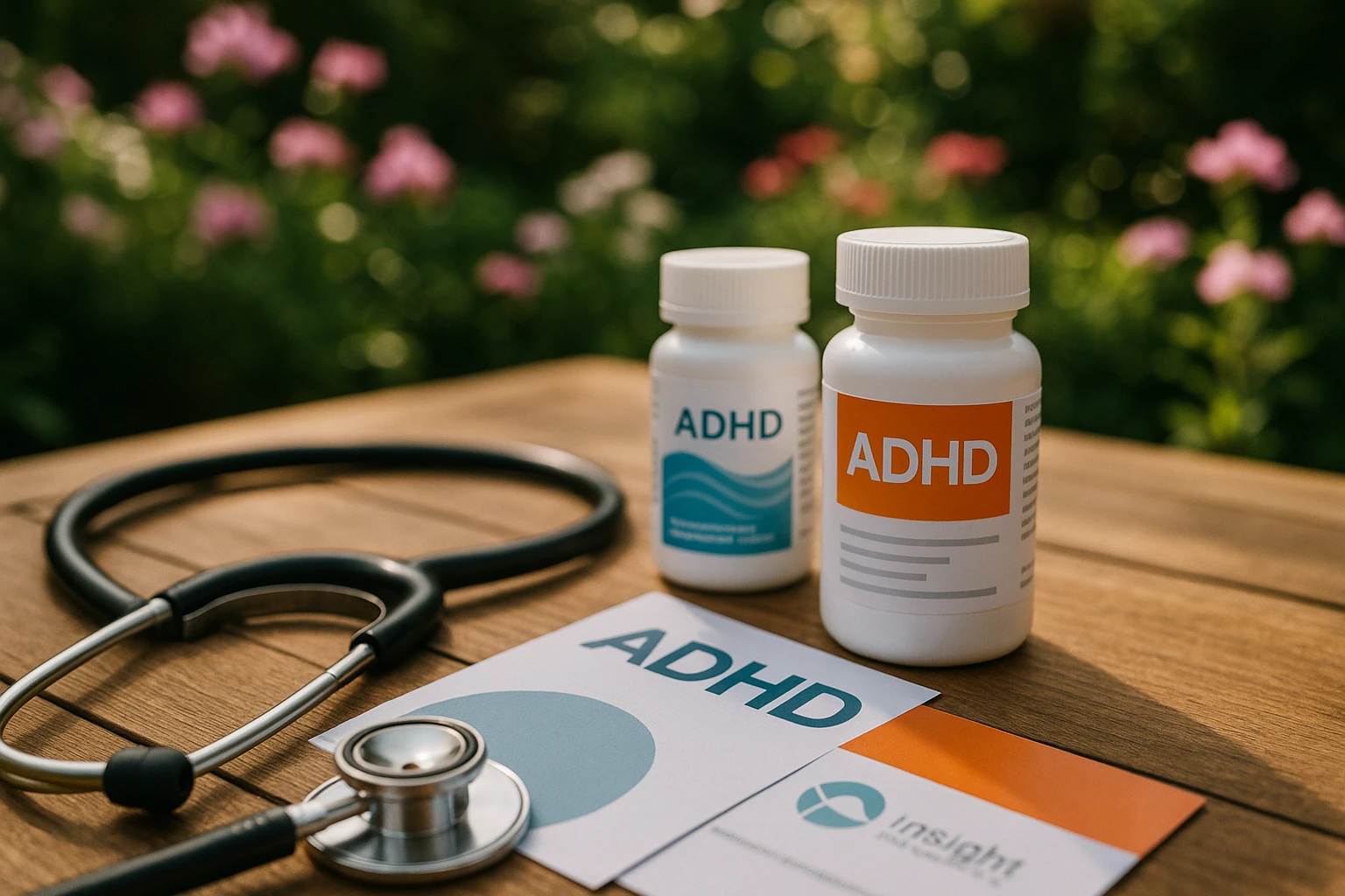 A close-up of a doctor's stethoscope placed beside ADHD medication bottles and leaflets from ADHD UK and Insight Diagnostics Global, set on a wooden table in an outdoor garden setting with a soft focus on blooming flowers in the background.