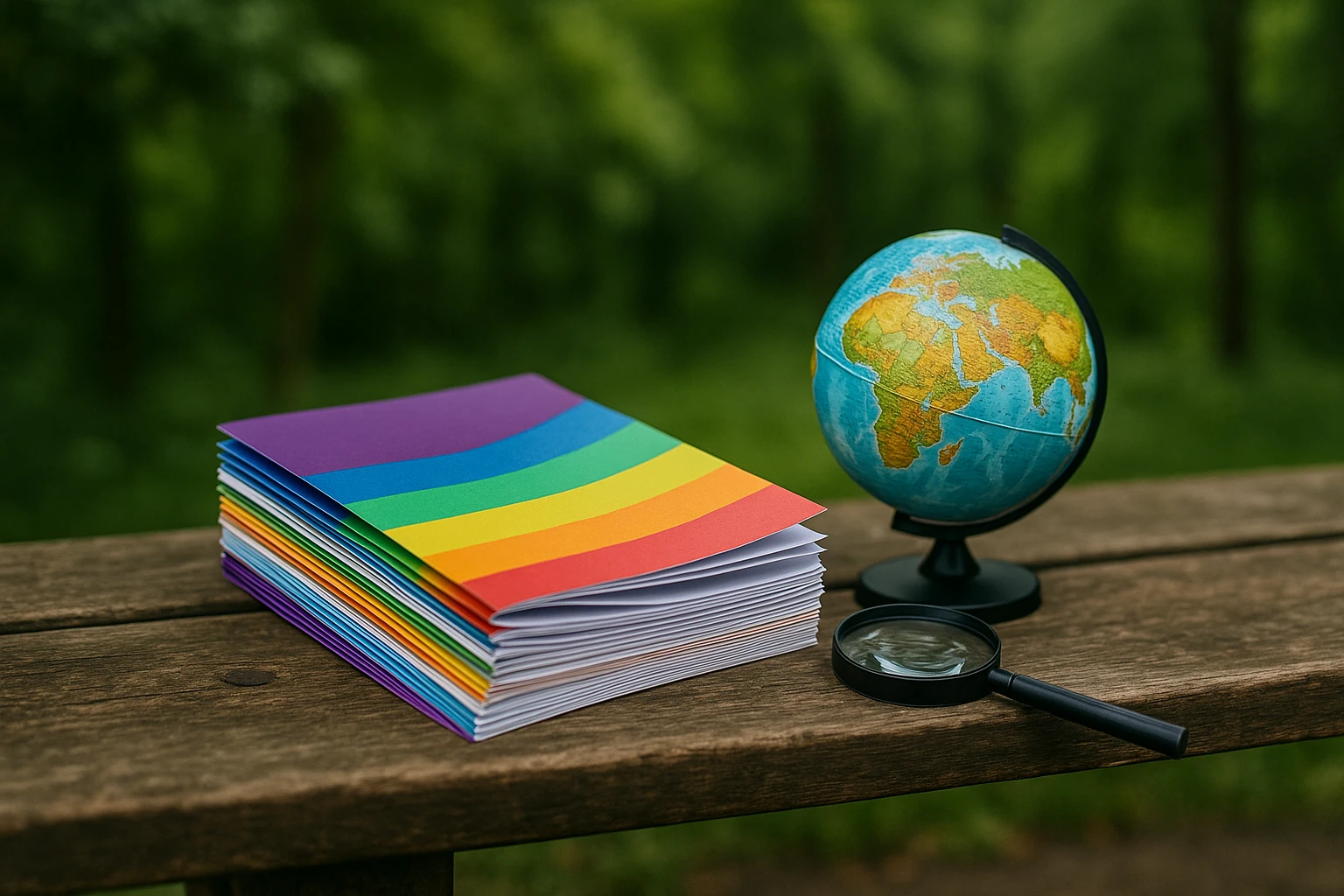 A stack of colorful brochures from ADHD UK and Insight Diagnostics Global placed next to a small globe and a magnifying glass on a rustic wooden bench, with a backdrop of lush green trees.