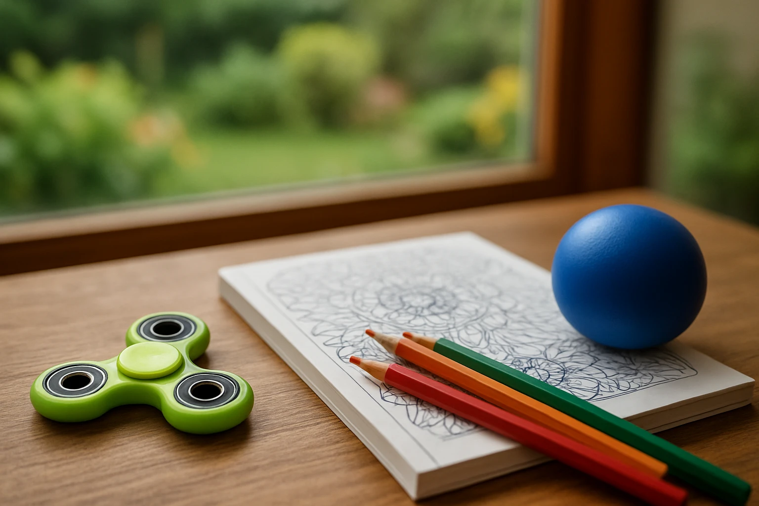 A variety of stress-relief tools scattered on a wooden table, including a fidget spinner, a mindfulness coloring book with colored pencils, and a stress ball, set against the backdrop of a serene garden seen through a nearby window.