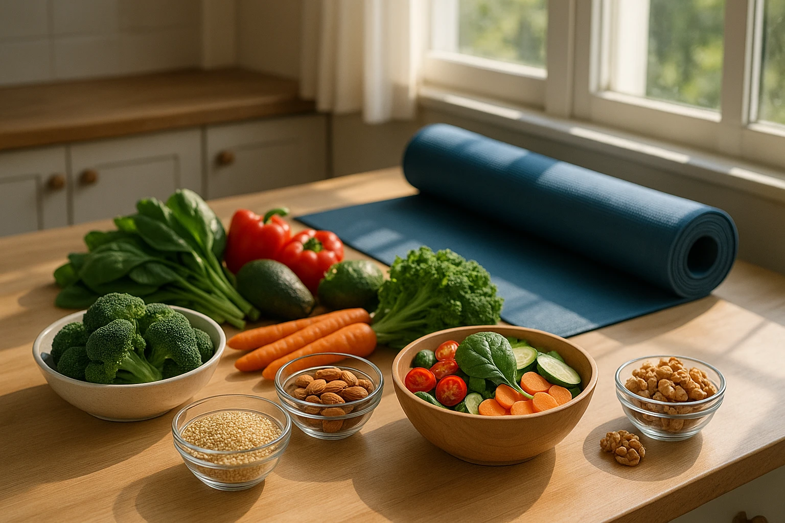 A kitchen scene with various ingredients for a healthy meal, including fresh vegetables, nuts, and grains, alongside a yoga mat rolled out near an open window with sunlight streaming in, suggesting a holistic approach to managing ADHD symptoms.