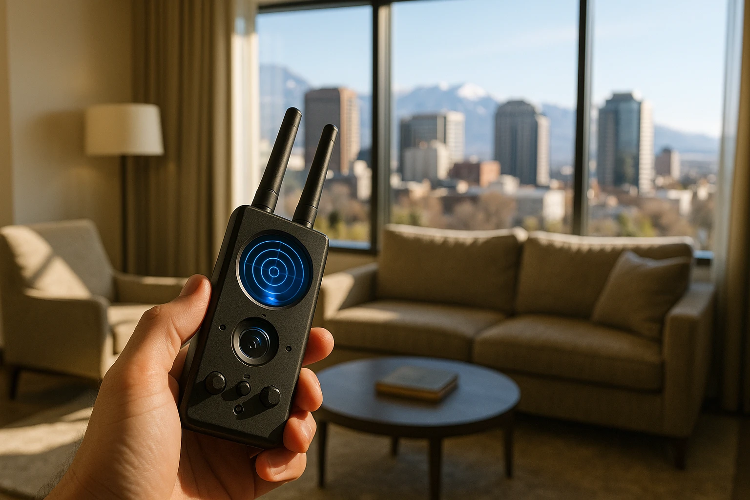 A sleek handheld RF detector scanning a plush living room, with a view of the Salt Lake City skyline visible through sunlit windows.