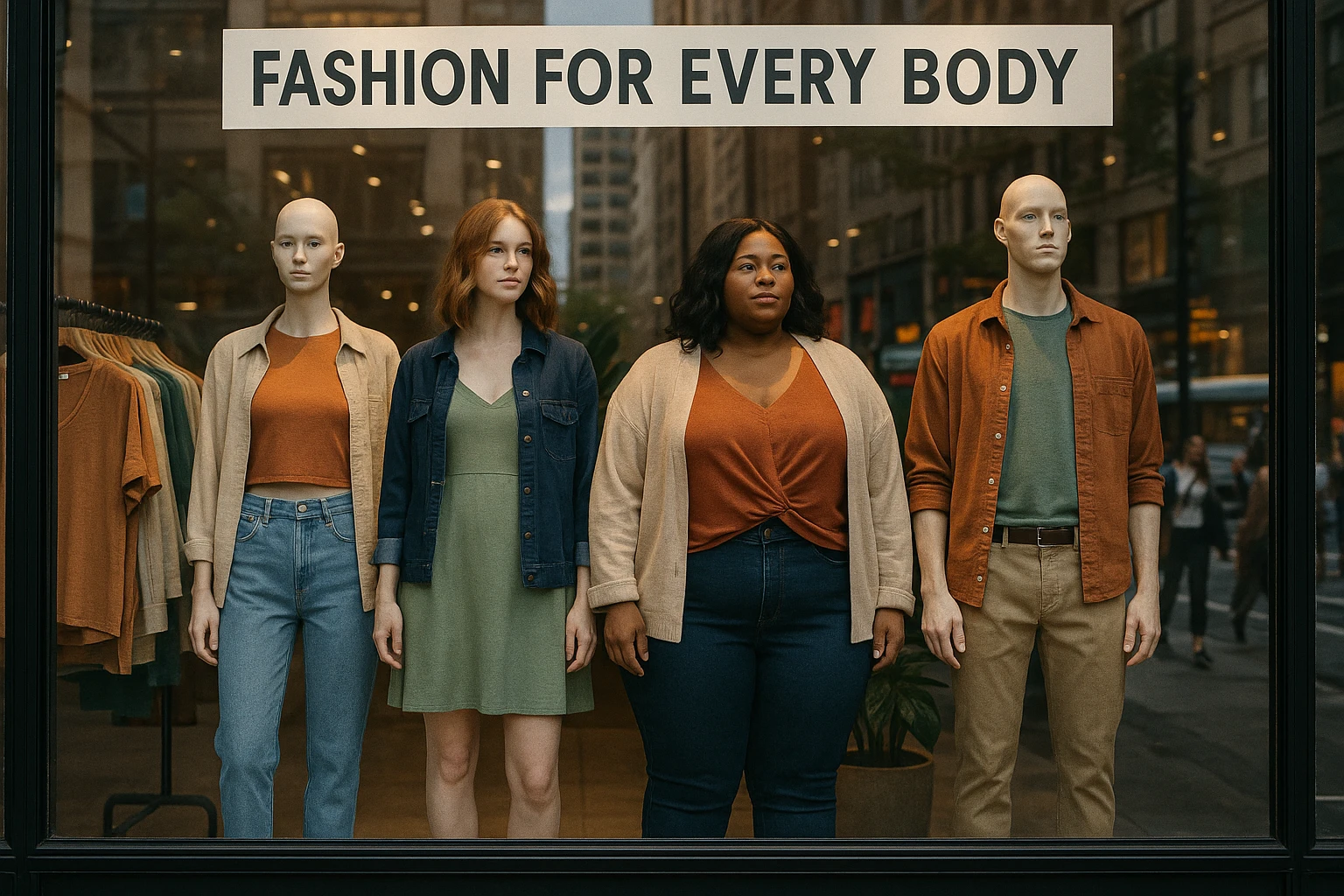 A vibrant storefront window display showcases a diverse array of mannequins dressed in trendy, size-inclusive clothing, with a sign overhead reading
