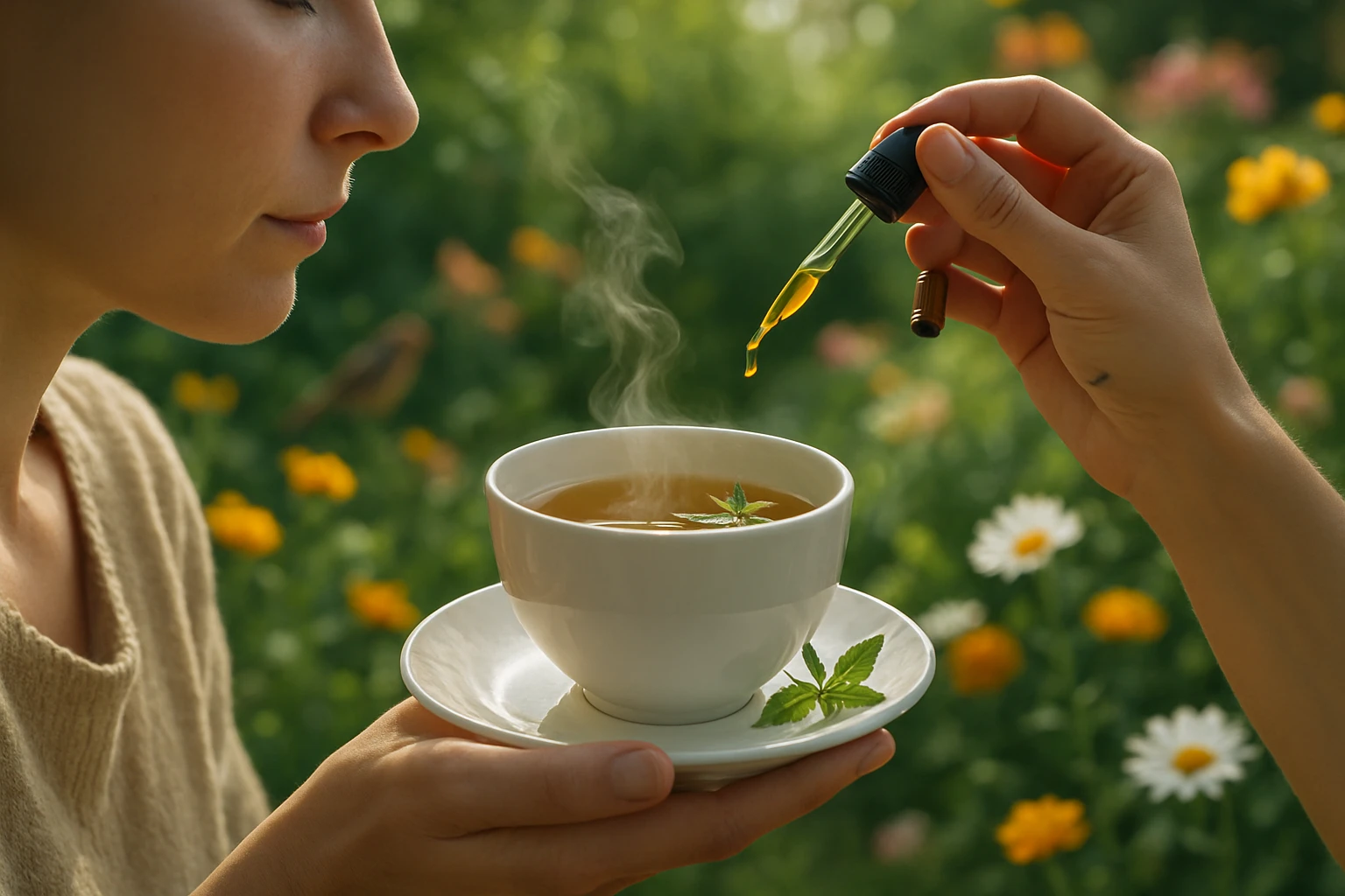 A calming scene in a sunny, green garden showing a person sipping a steaming cup of herbal tea infused with a drop of CBD oil, surrounded by blooming flowers and chirping birds in the background, embodying a moment of peace and relaxation in nature.