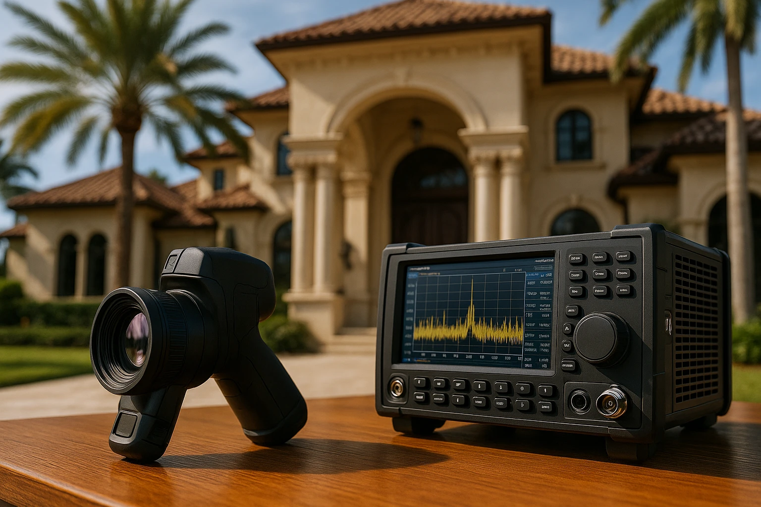 A close-up of specialized TSCM equipment, including a thermal imaging camera and spectrum analyzer, set on a wooden table against the backdrop of a luxurious Florida mansion's grand entrance with palm trees in the distance.
